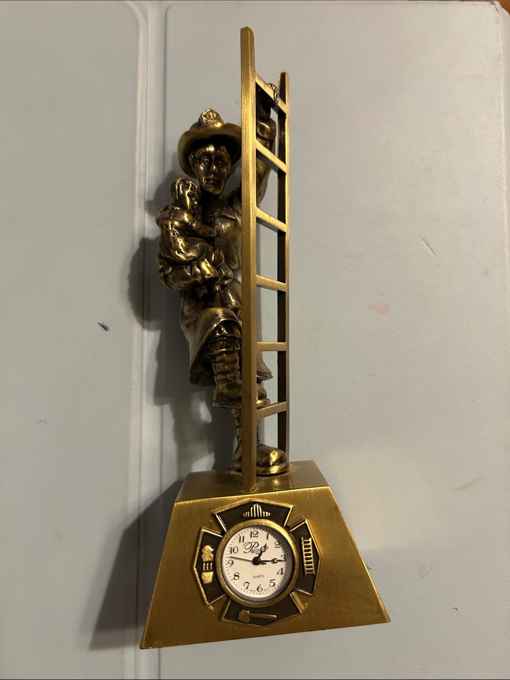 Bronze Firefighter Wall Clock Sculpture - Gold Home Wall Decor